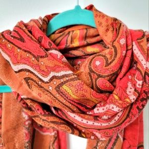 Women's red, orange, yellow Paisley shoulder wrap fringed scarf